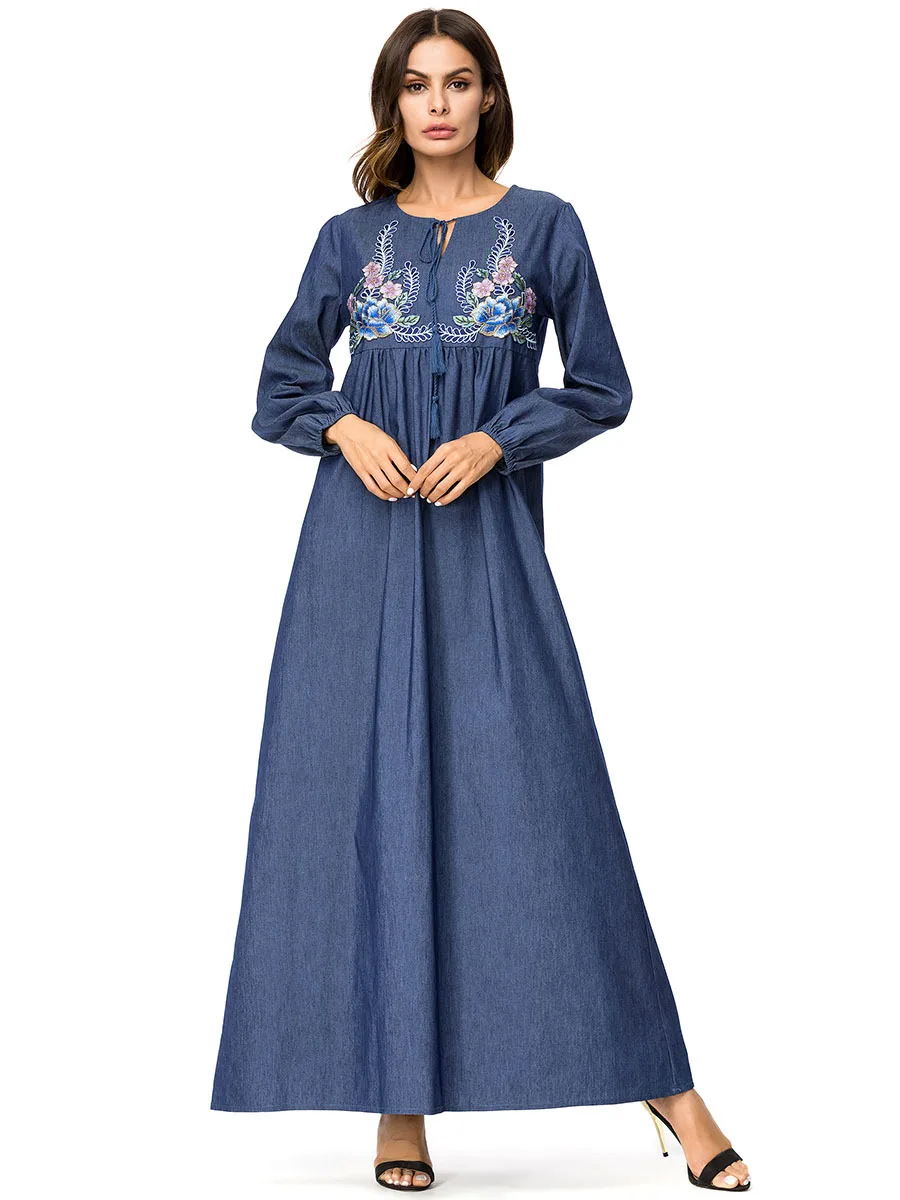 Мусульманское платье abaya для женщин большие размеры Цветочная вышивка Осень зима