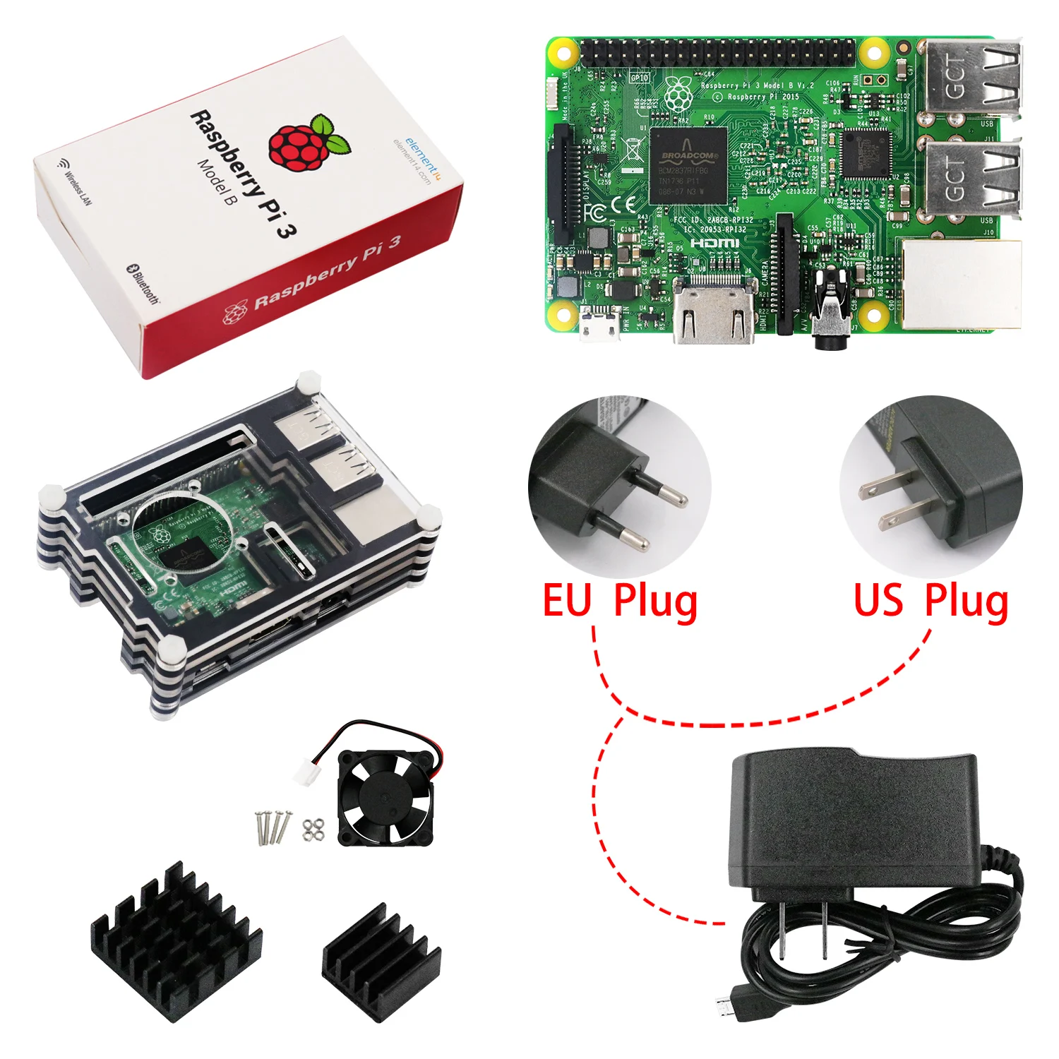 Raspberry Pi 3 Model B стартовый комплект + блок питания (ес/сша) PI акриловый чехол радиатор