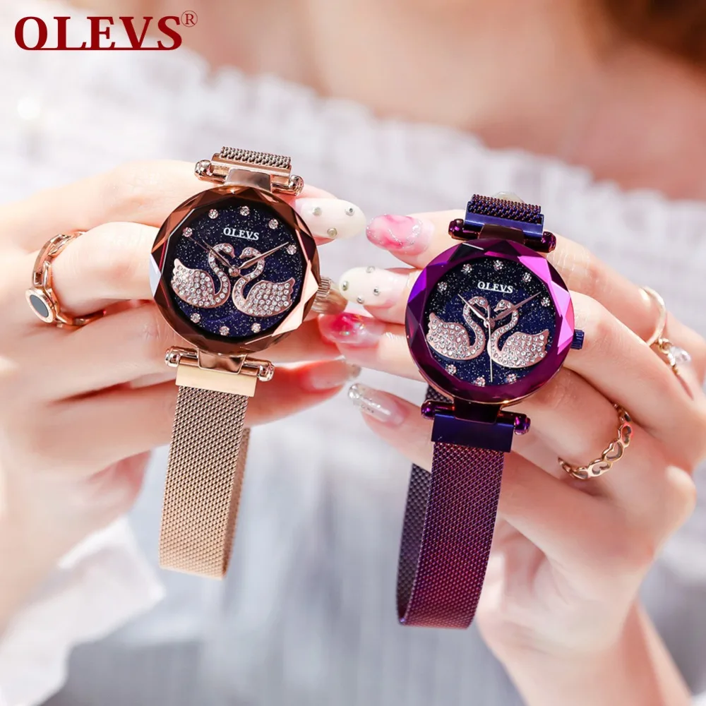 Женские кварцевые часы Reloj Mujer цвета розового золота лебедь из нержавеющей стали