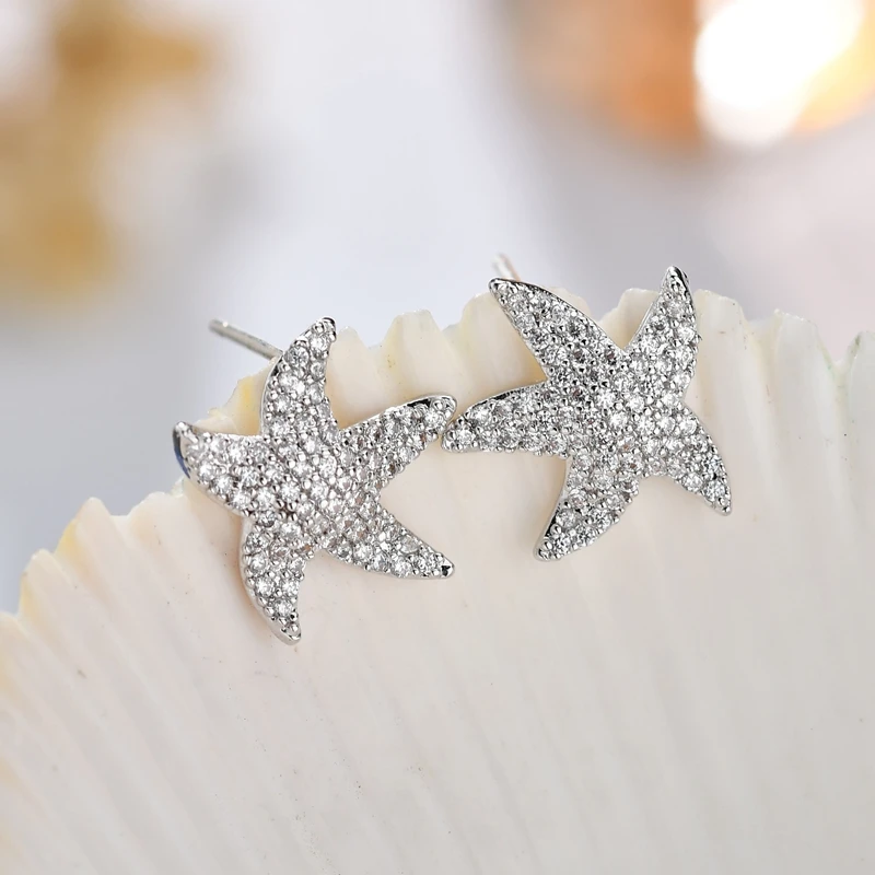 Fashion CZ Cubic Zircon Sea Star Starfish Stud Earrings For Women Gold Silver Love Ocean Star Earrings Party Jewelry