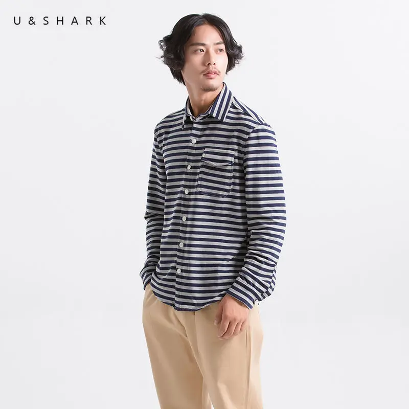 U &amp SHARK синяя рубашка в полоску для мужчин с длинным рукавом Япония Стиль