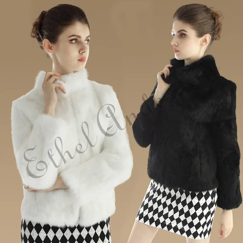 Ethel Anderson Women's Real Rabbit Fur Coat Stand-up Collar Design Jacket White/Black