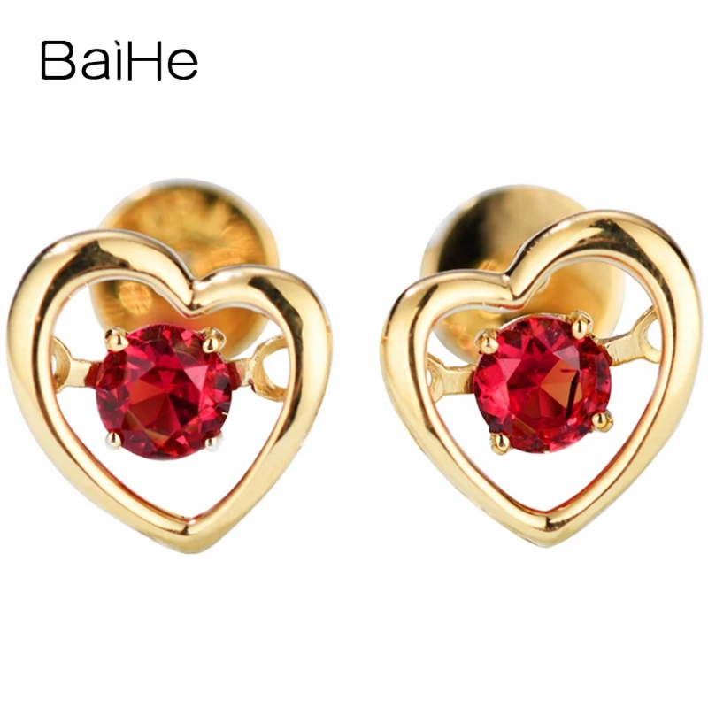 

BAIHE Solid 14K Yellow Gold 0.25CT Round Natural Rubis Wedding Fine Jewelry Gift beautiful Heart Dancing Ruby Earrings Women