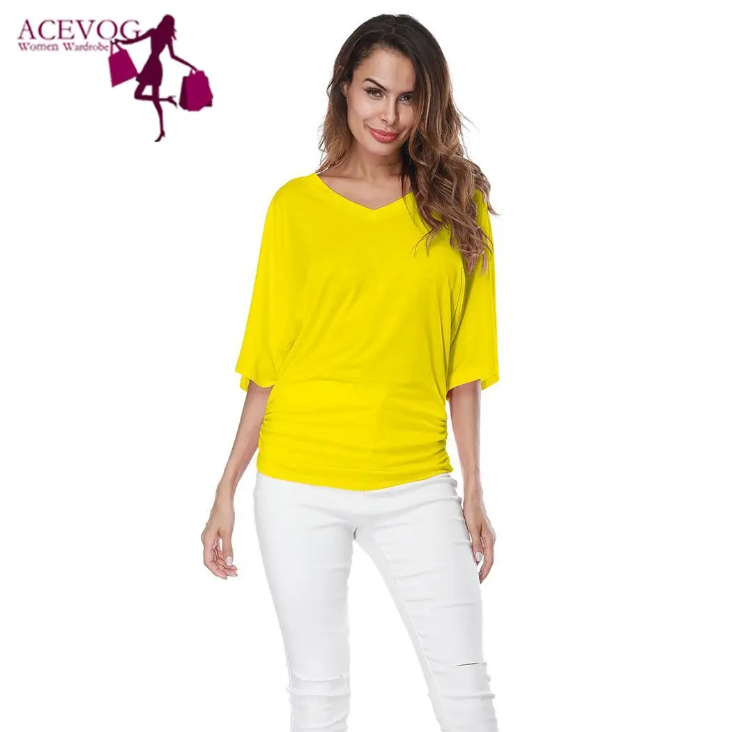 Women Summer Flare Sleeve Casual Loose Short V Neck T-shirt Solid Color Design Fashion Top | Женская одежда