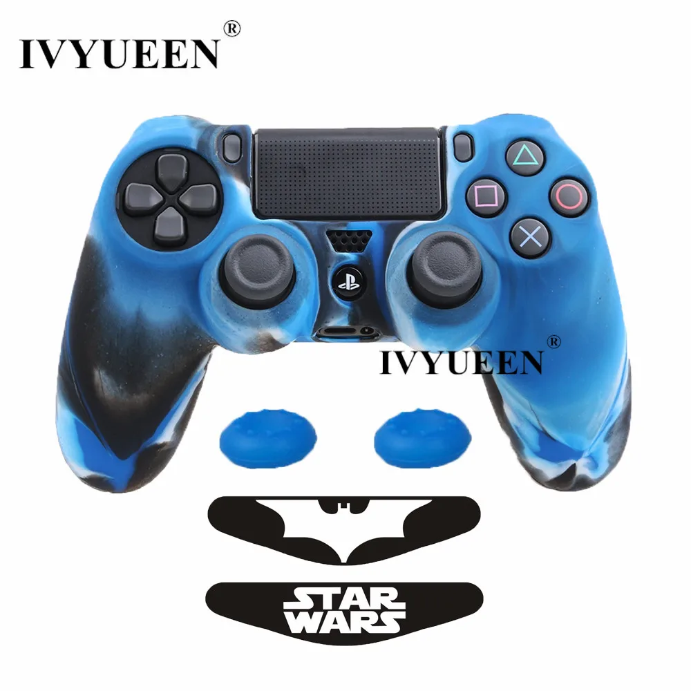 Blue Camo IVYUEEN 5 в 1 для Dualshock 4 PS4 Pro тонкий контроллер силиконовый гелевый Чехол для кожи+ палки с захватом для большого пальца+ 2 светодиодный стикер - Цвет: Blue Camo