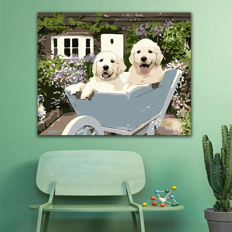 DIY картинки для раскраски по номерам с цветами две милые белые собаки картина