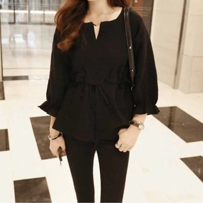 Хлопковая льняная блузка с рукавом три четверти v образным вырезом Женская белая