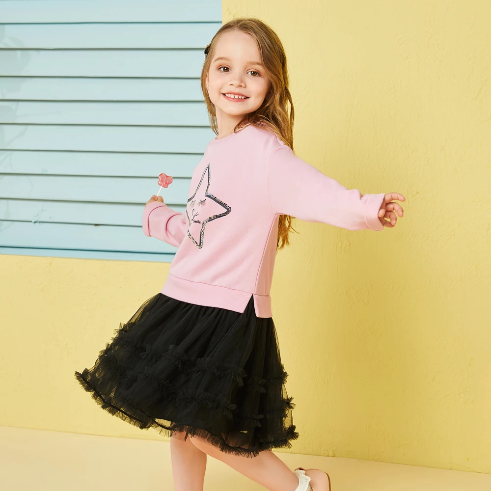 Balabala autumn dresses for girls Star pattern Gauze children's clothing Long sleeved dress holiday | Детская одежда и обувь