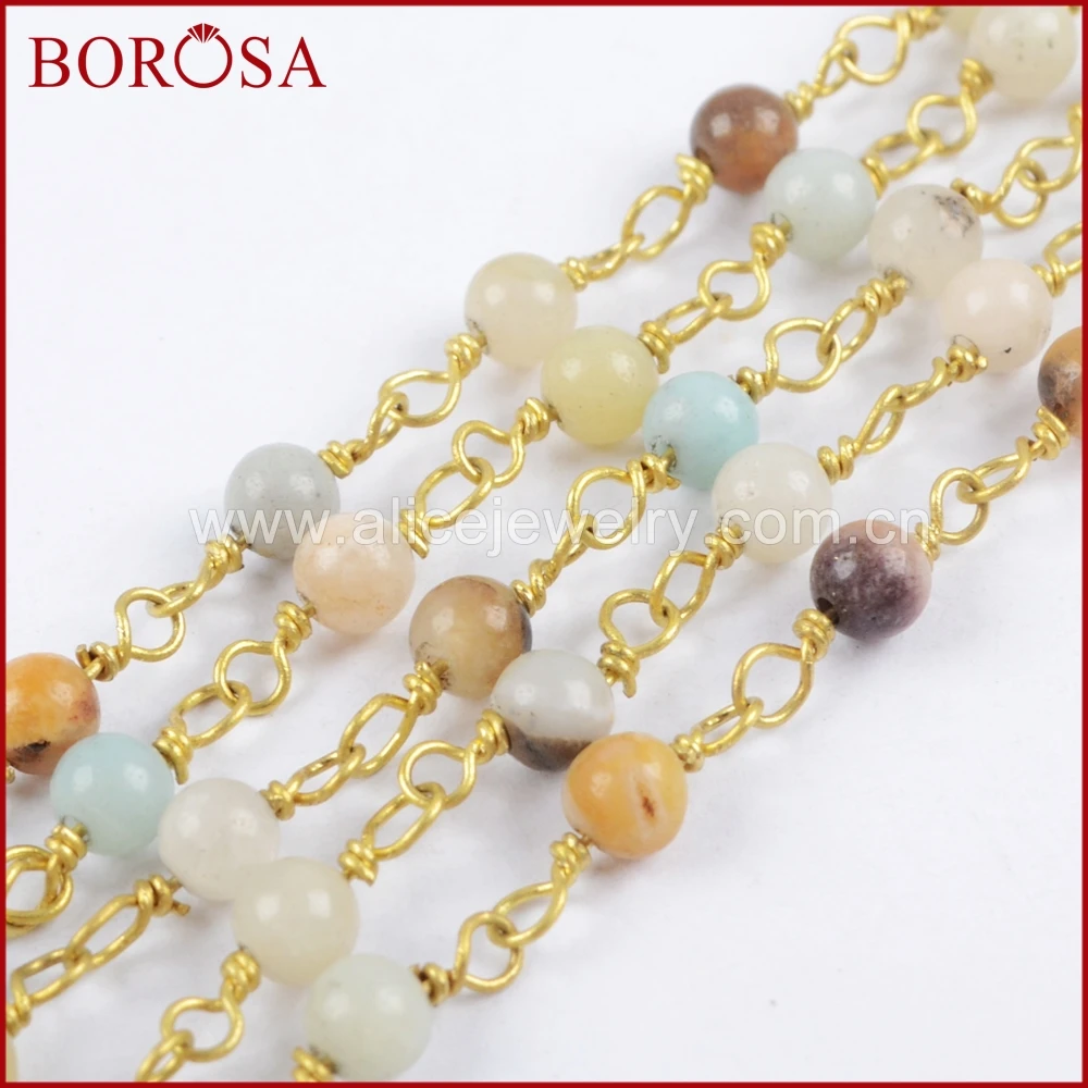 

BOROSA оптовая продажа, 5 метров, золотой, серебряный цвет, 4 мм, натуральный камень Amazon, бисер, латунная цепь, бисерная цепь Ювелирная фурнитура JT233