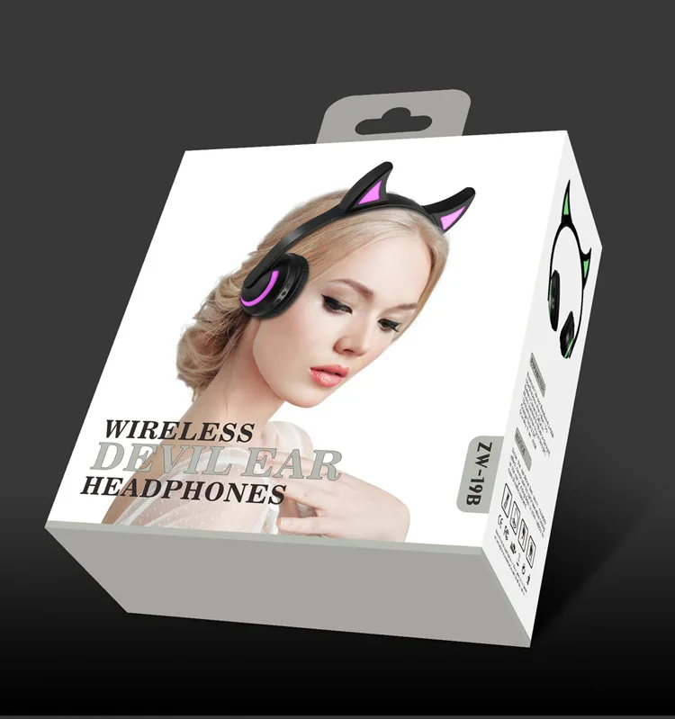Devil ear with box Bluetooth наушники с кошачьими/дьявольскими/оленьими ушками, 7 цветов, мигающие светящиеся кошачьи наушники, беспроводные наушники для детей, косплей - Цвет: Devil ear with box