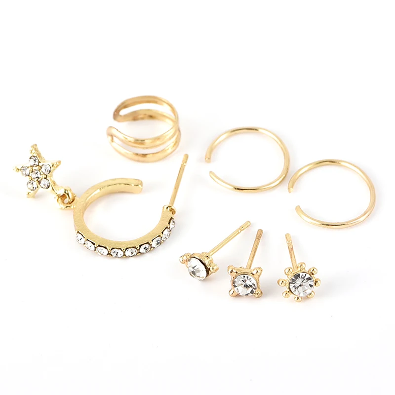 7 Pcs/Set Female Exquisite Pentagram Star Sun Flower Round Gold Pendant Earrings Set Fashion Shiny Crystal Party | Украшения и