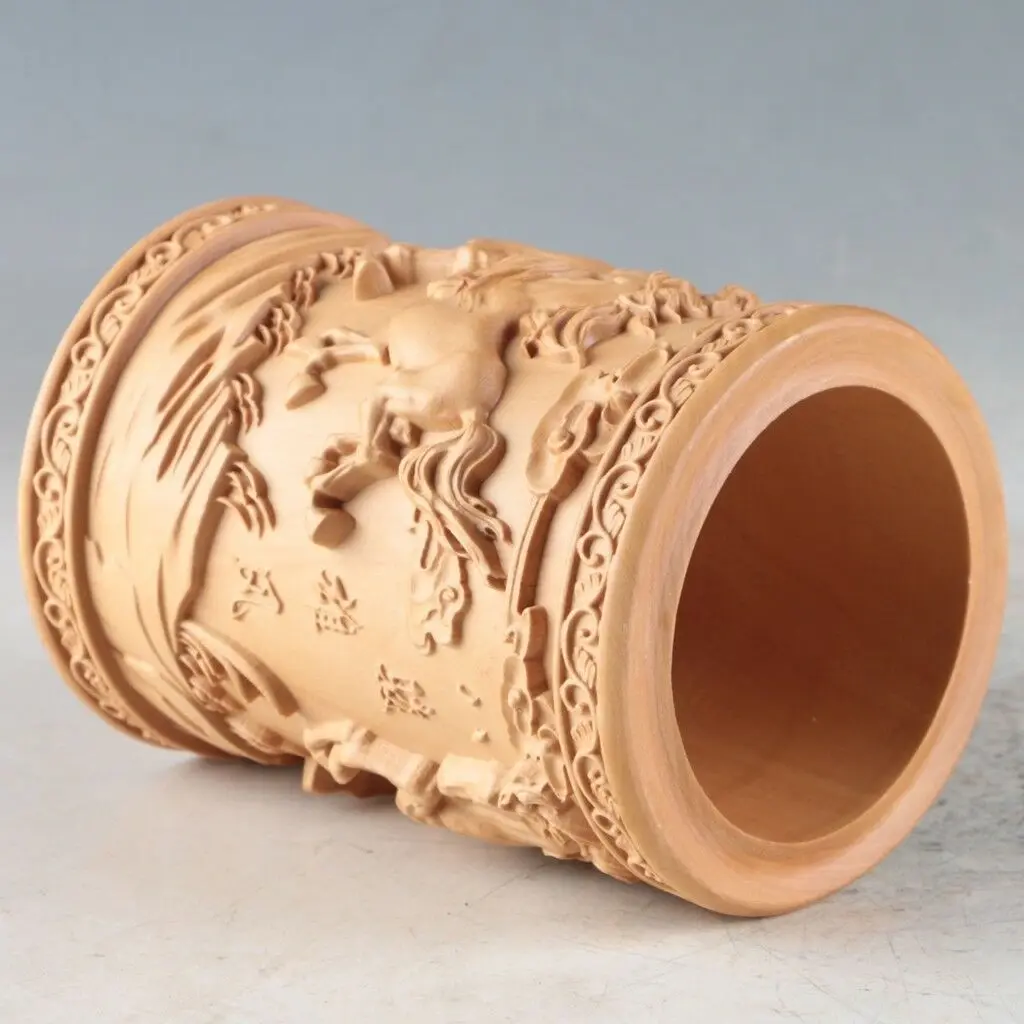 

Chinese Bamboo Carving Zodiac Animal Fine Horses Running Fast Ten Thousand Horses Gallop Success Ornaments Brush Pot Pen Holder