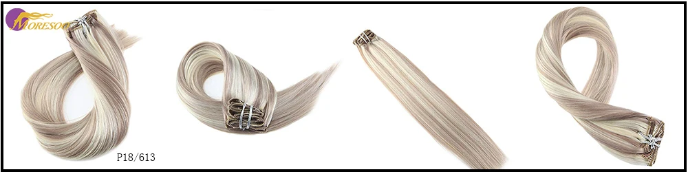 Moresoo 100 г волосы для наращивания на заколках, человеческие волосы Remy блонд# P18/613 на всю голову, 7 шт. 16-24 дюйма, бразильские волосы