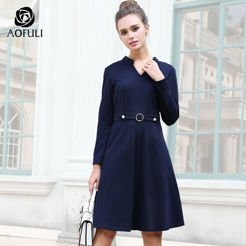 AOFULI M/L/XL/XXL Женское зимнее платье большого размера синее тонкое с длинным рукавом