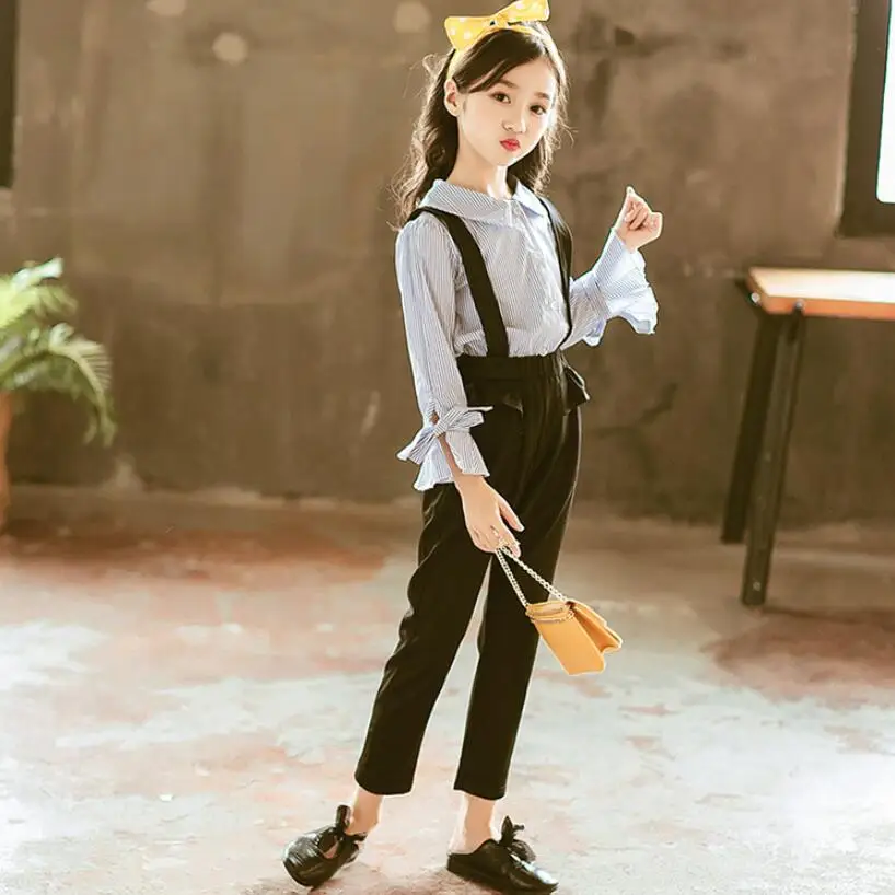 2018 осенний комплект одежды для маленьких девочек подростков комплекты полосатая