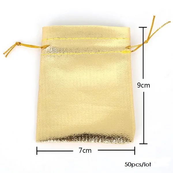 7x9cm Gold 50 шт., 7X9/9X12/10X15/13X18 см, серебристый/золотой цвет, металлическая фольга, мешочки из органзы, на Рождество, свадьбу, вечеринку, Любимые Подарки, сумки для конфет - Цвет: 7x9cm Gold