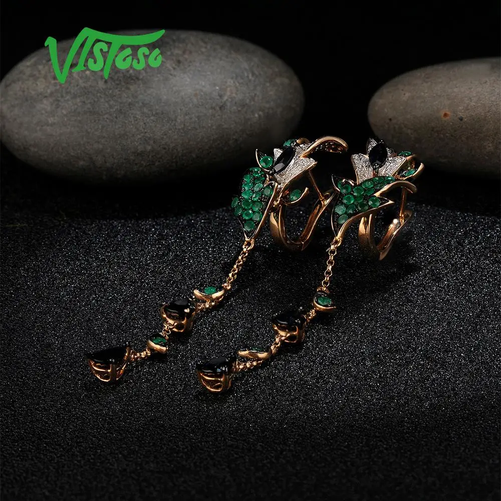 Женские Золотые сережки с изумрудами VISTOSO розовое золото 14 к 585 пробы со
