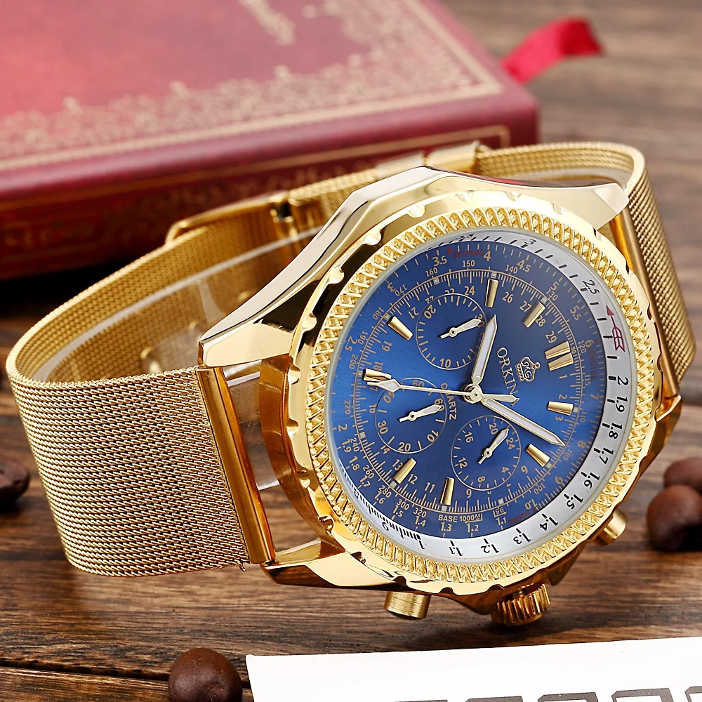 Деловые мужские японские кварцевые наручные часы с хронографом MG. ORKINA, роскошные золотые Кварцевые водонепроницаемые часы с автоматической датой