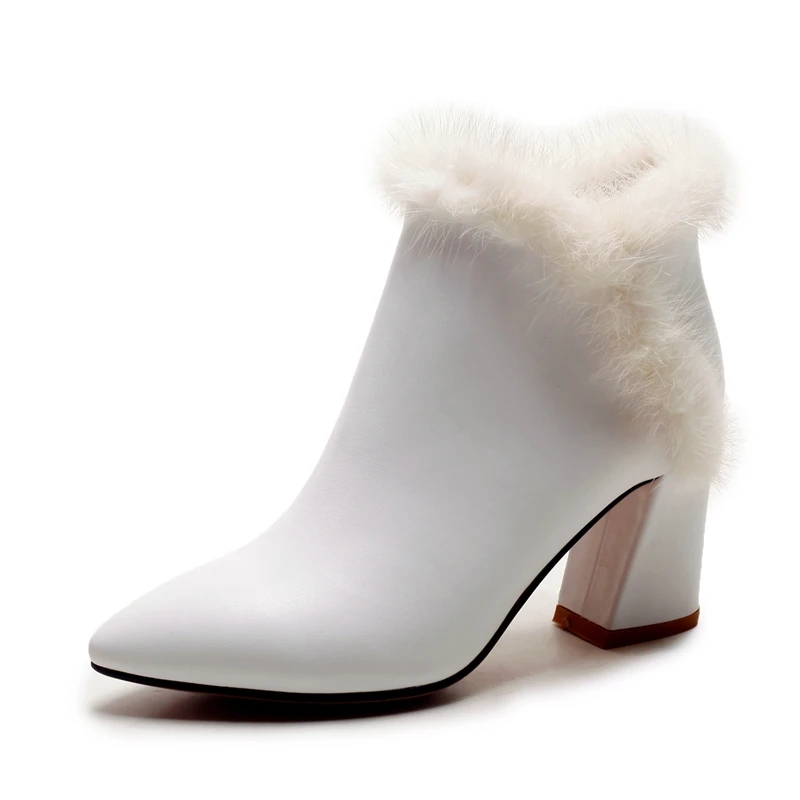 White ENMAYER New Arrival lady cow suede pointed toe zip ankle boots women square heel boots Big size 34-39 ZYL765 - Цвет: White