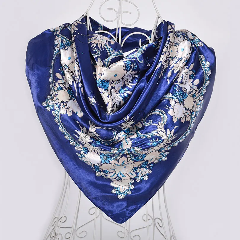 blue white Новое поступление женский шелковый шарф, модные аксессуары атласные большие квадратные женский шарф с принтом, дизайн бежевая шелковая шаль 90*90 см - Цвет: blue white