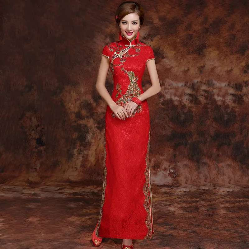 Red Novelty Lace Cheongsam Dress Vintage Chinese Style Long Qipao Womens Slim Party Dresses Retro Lady Clothe Vestidos S-2XL | Женская