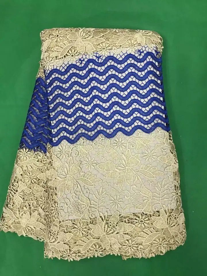 5 Y/PC Elegant gold flower design african mesh lace fabric with royal blue water soluble wave cord for dress DW19-7 | Дом и сад