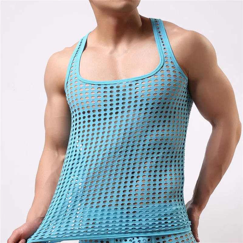 Men's Underwear Tight Vest Undershirt Sleeveless Hollow Out Breathable See Through Shirt Elastic Muscle T-shirt Undershirts