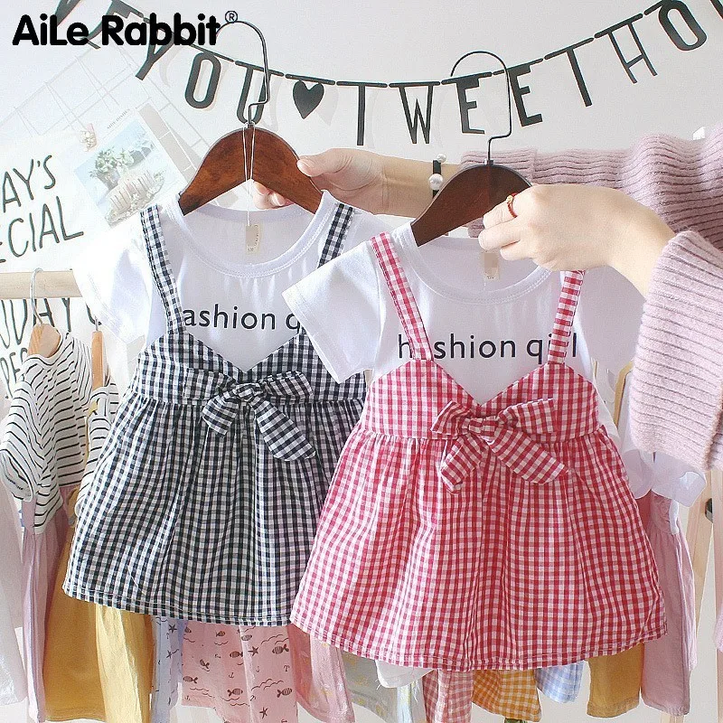 Новинка 2019 платье для маленьких девочек Aile Rabbit в клетку на бретелях летнее