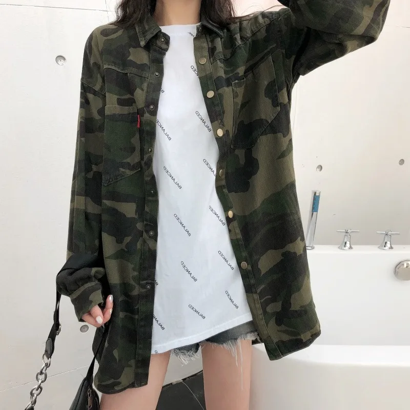 

Autumn Lapel Fashion Women Hip Hop Camouflage Shirt Long Sleeve Loose Cardigans Women Tops