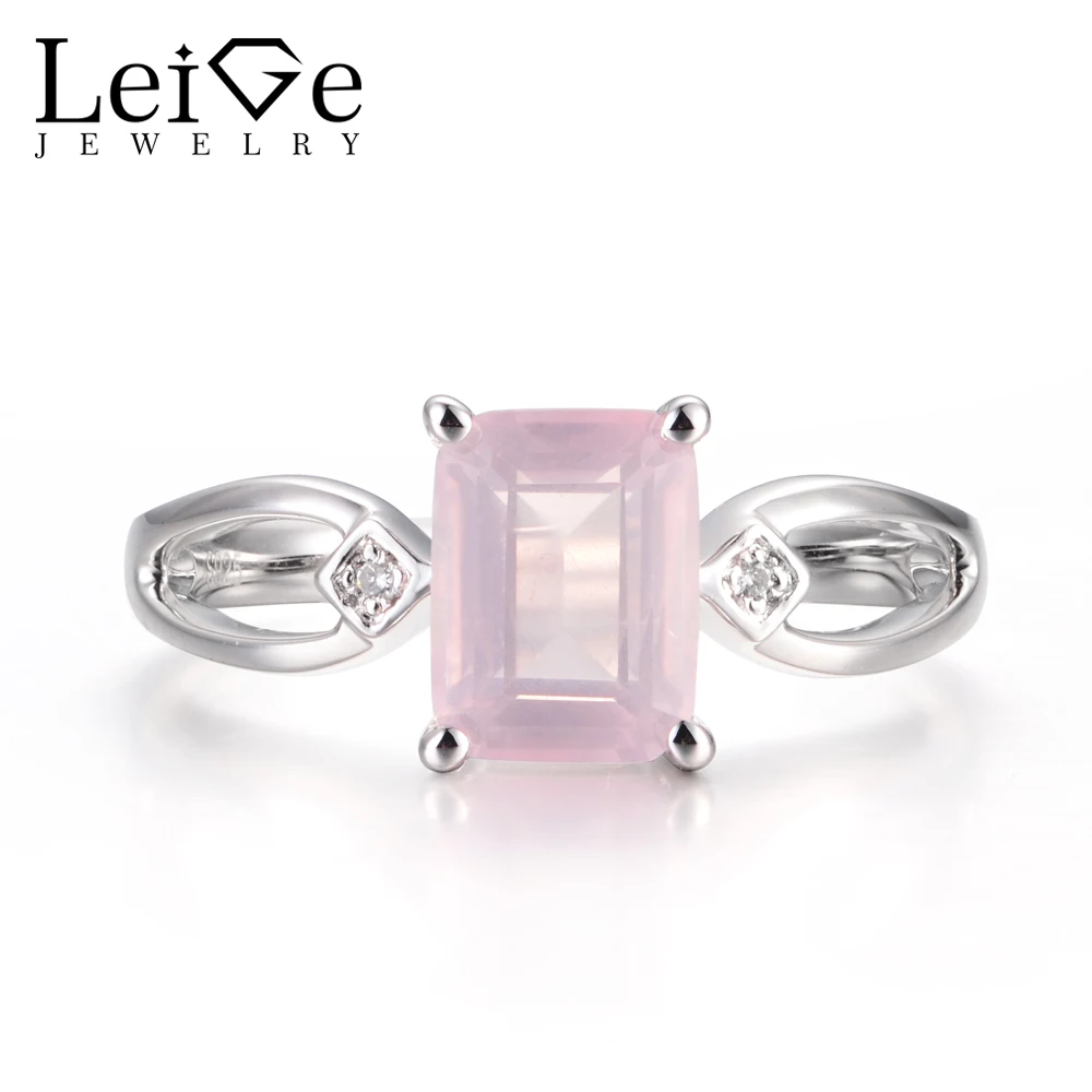 

Leige Jewelry Unique Engagement Rings Natural Pink Quartz Rings Pink Stone Rings Solid 925 Sterling Silver Wedding Gifts for Her