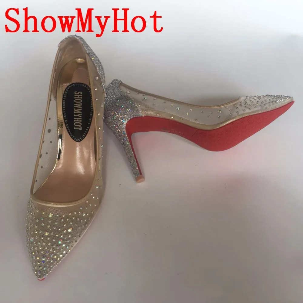ShowMyHot/блестящие женские туфли на высоком каблуке; туфли на шпильке с красным блеском; пикантные туфли-лодочки с острым носком на высоком каблуке; женская обувь со стразами