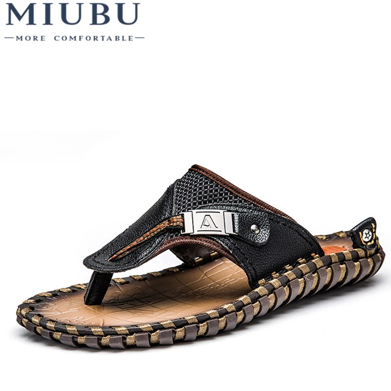 

MIUBU Luxury Brand New Men's Flip Flops Genuine Leather Slippers Summer Fashion Beach Sandals Shoes For Men Big Size 45