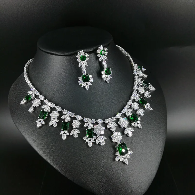 Новинка модное ретро зеленое квадратное циркониевое ожерелье серьги для свадьбы