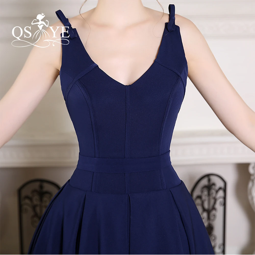Темно Синие атласные вечерние платья длиной до колена 2017 Vestidos с v образным