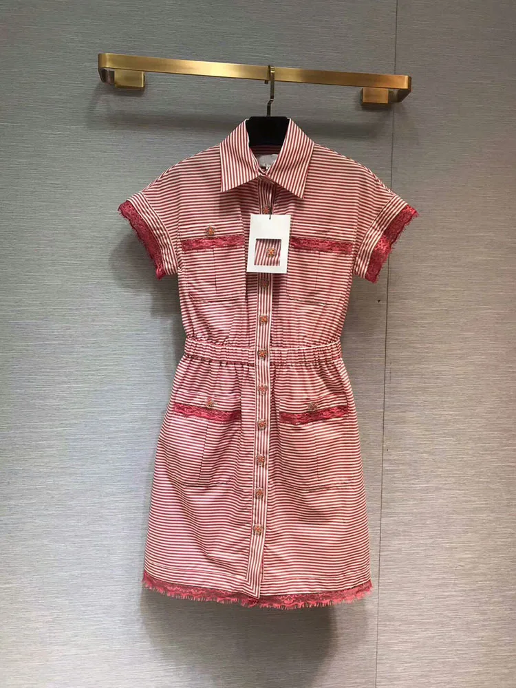 women fashion 2019 turn-down collar lace striped mini dresses 2colors at190118 | Женская одежда