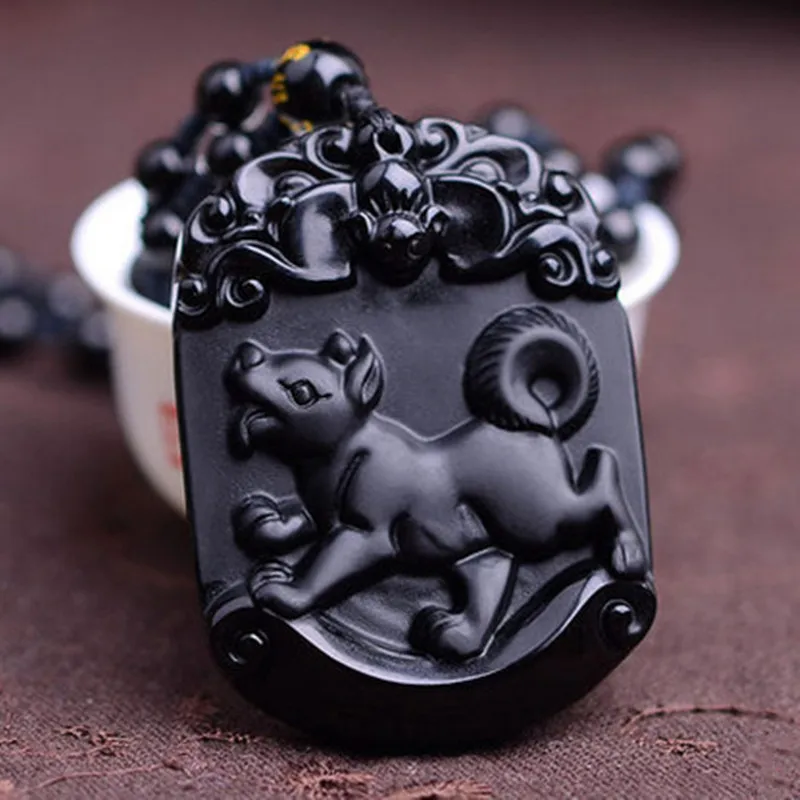 Натуральная Подвеска из черного обсидиана резной китайский талисман Зодиак