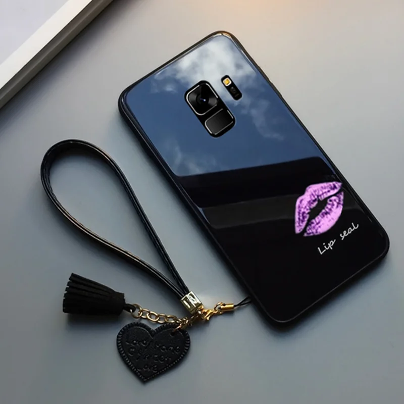 BALCK BONVAN чехол из закаленного стекла для samsung Galaxy s9 s8 plus, чехол с принтом губ для samsung Galaxy Note 9 8 s8 s9, чехол с кисточкой и ремешком - Цвет: BALCK