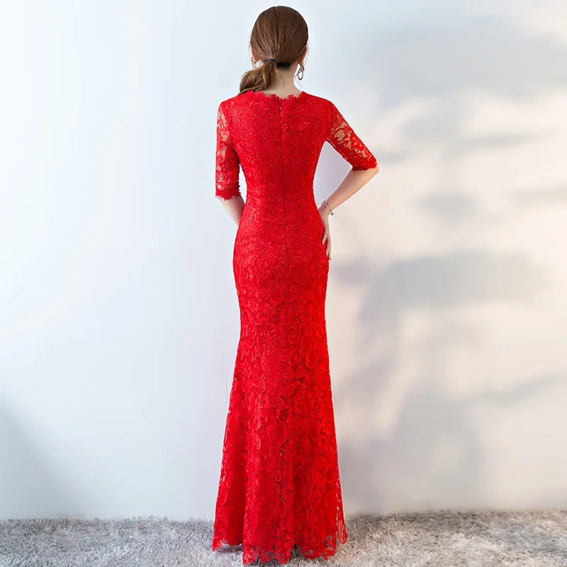 Современные китайские свадебные платья традиционное Красное Кружевное платье