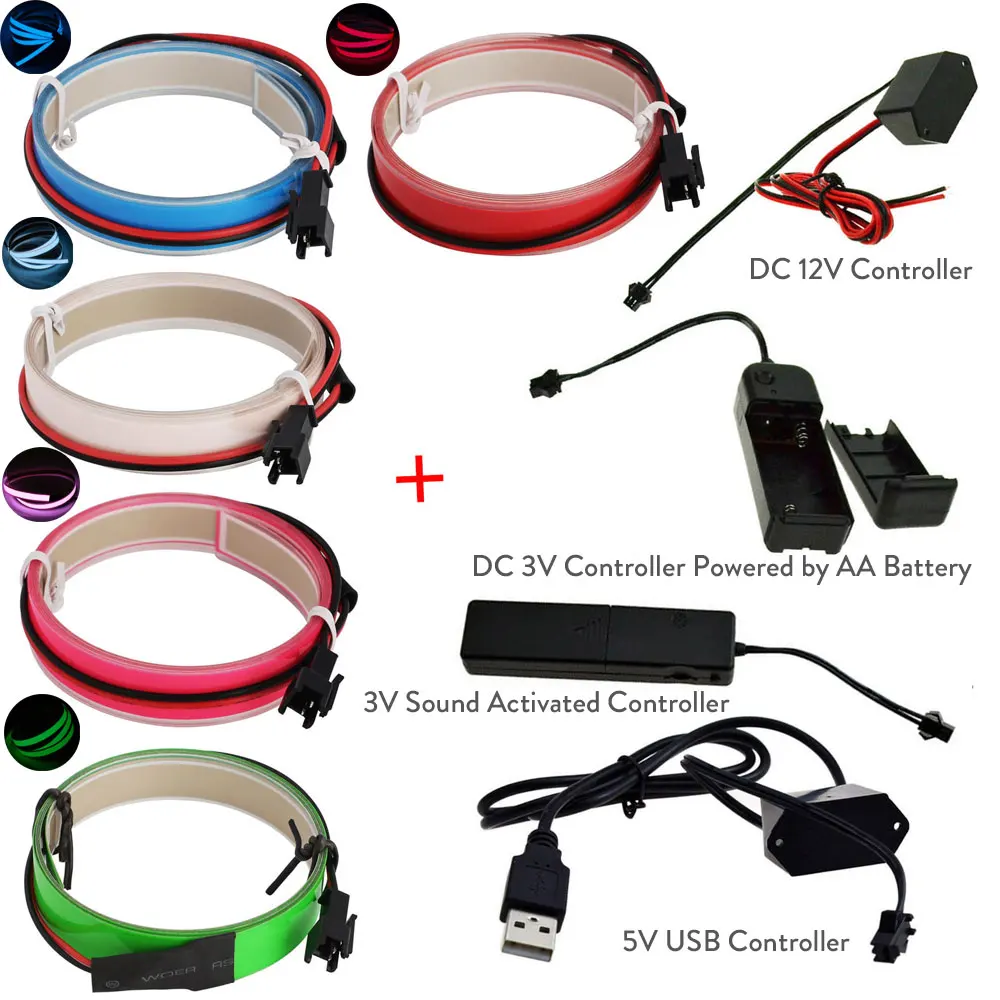 

1M Colorful Flexible Electroluminescent Tape EL Wire Glowing With DC 12V 3V Sound Activated 5V USB Inverter el tape Controller