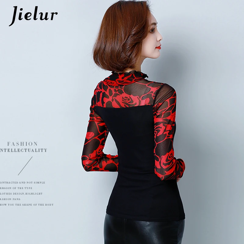 Jielur 2019 модная Осенняя женская футболка сетчатая с длинным рукавом Повседневная