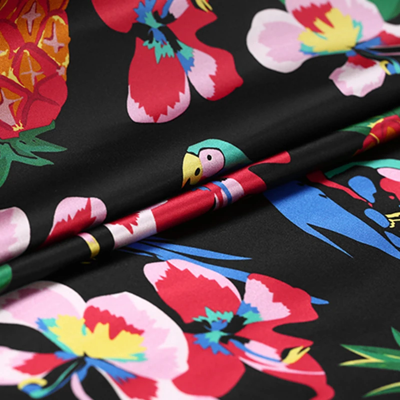 108CM Wide 19MM Pineapple and Floral Print Strech Silk Satin Fabric for Elegant Women's Blouse Dress Clothing Cheongsam E374 | Дом и сад