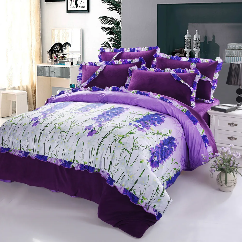 Coral Quilt Cover Romantic Bedspreads Active Printing Twill Cotton Brushed Korean Cute Style Purple Bedding Set | Дом и сад