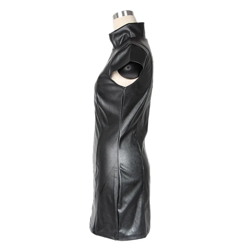 

XB29 2019 искусственная кожа наряд ПУ передняя молния женское эротическое платье ночной клуб высокий воротник короткий рукав сексуальное черн...