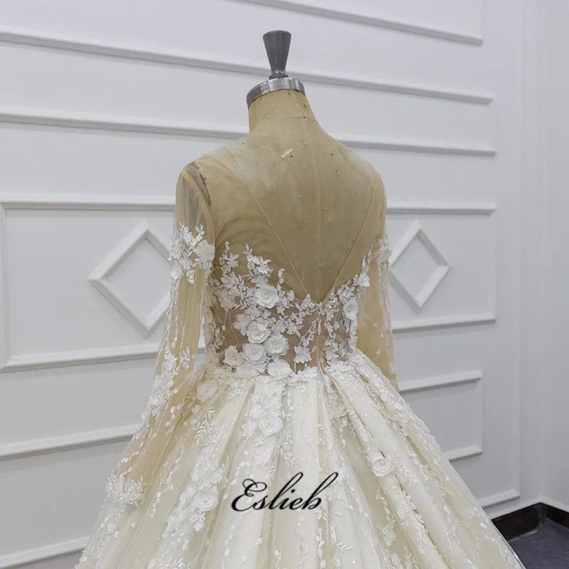

Eslieb 2019 3D flowers pearls beads wedding dress ball gown bridal dress nude mesh 3/4 sleeves long train button back HA007