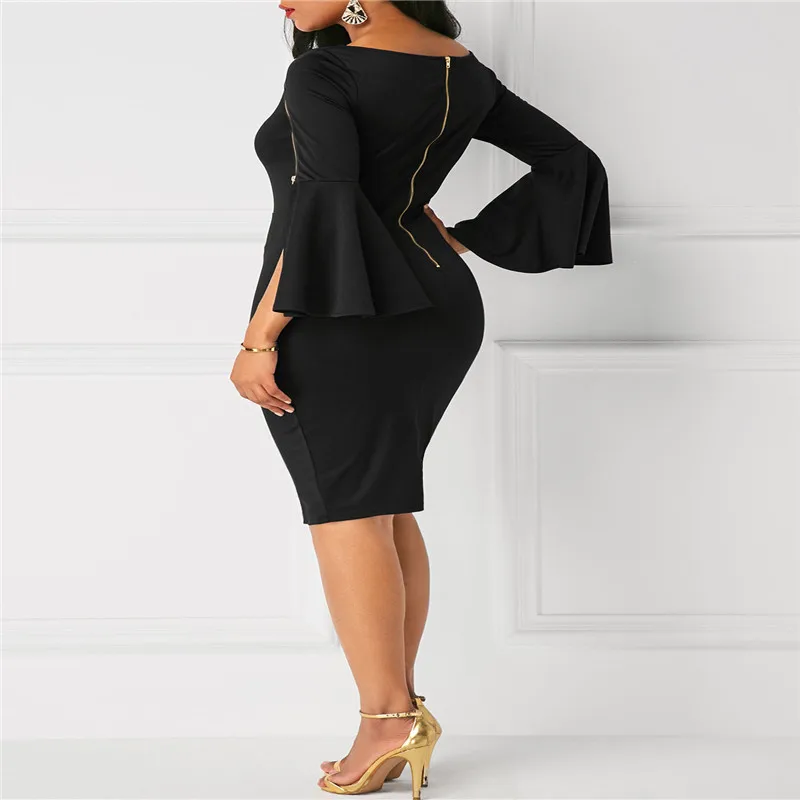 2017 модное женское облегающее платье-карандаш на молнии с расклешенными рукавами