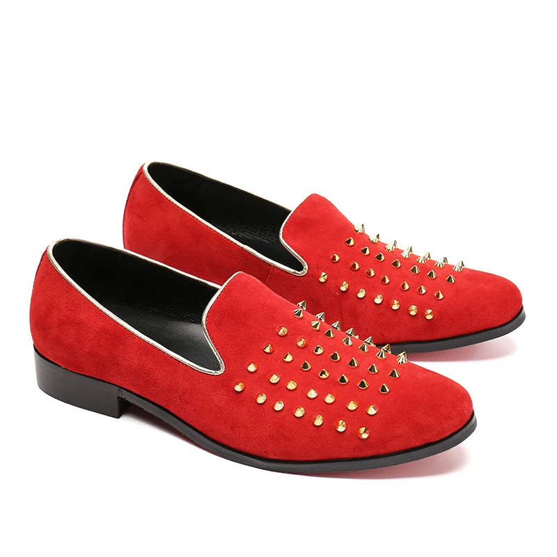 

Christia Bella Red Genuine Leather Wedding Dress Shoes Studs Red Bottom Loafers Men Flats With Spikes Slipper Shoes Plus Size 47