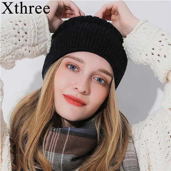 Xthree, зимняя шапка бини для женщин, для девушек, Skullies Beanies, блестящие стразы, вязанные, Gorro, шерстяные женские шапки - Цвет: Черный