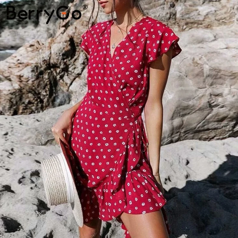 BerryGo Винтаж кружевной Цветочный Рисунок обёрточная бумага платье для женщин с v