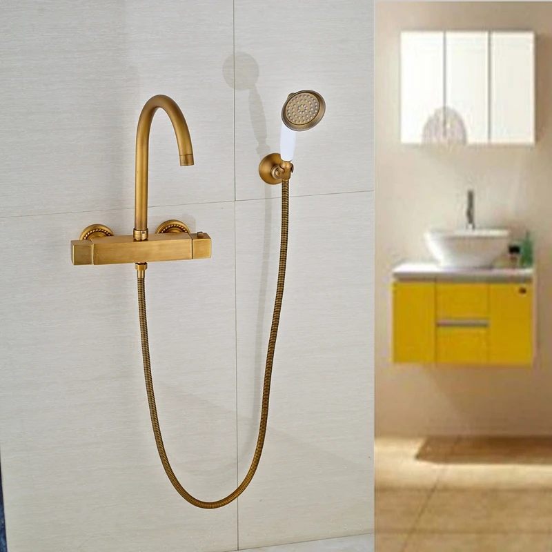 Двойные ручки античная латунь термостатический смеситель для душа Поворотный