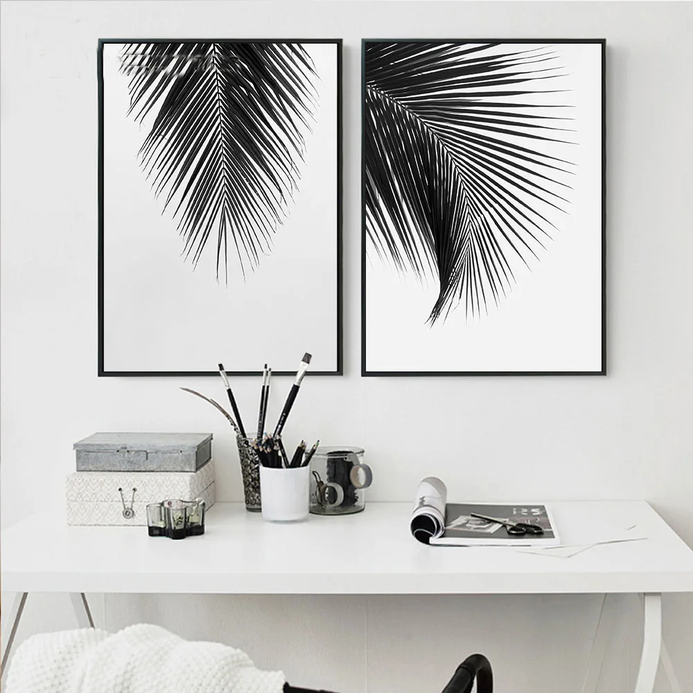 Плакаты и принты на холсте с черными белыми листьями пальмы Минималистичная